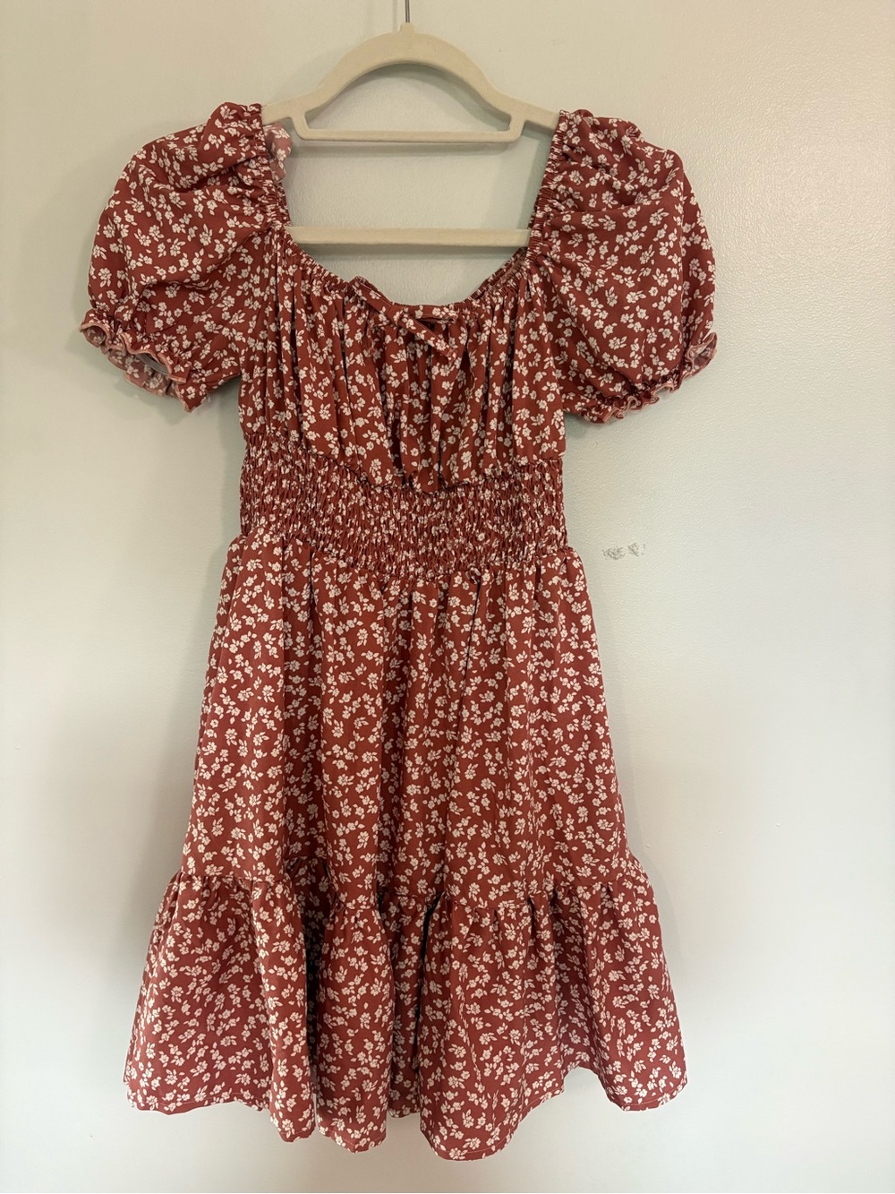 SHEIN Rust Floral Puff Sleeve Casual Dress for Girls